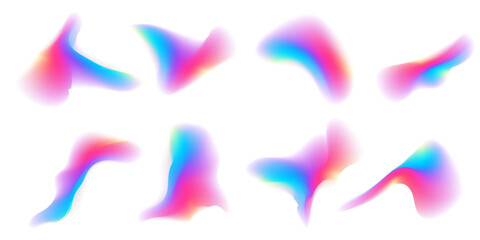 Aura neon y2k gradient abstract shape set. Blur y2k fluid irregular organic element. Blur gradient neon mesh. Vector illustration