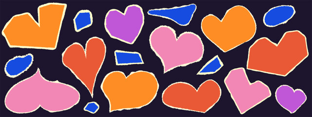 Set of tear paper shapes heart collage cut. Cut color shape with torn edge. Set doodle scrap. Vector illustration