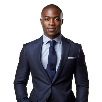 front view mid body shot of a handsome African man dressed in a deep navy blue suit and a sky blue dress shirt with a polka-dot silk tie, isolated on a white transparent background 