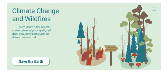 Climate change and wildfire rectangular banner. Save the Earth.