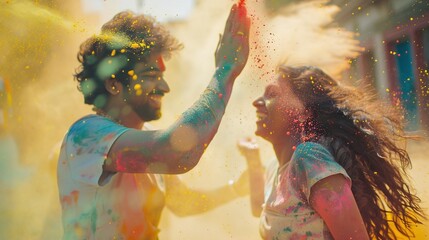 happy hindu indian people celebrate holi festival by throwing colorful powder at each other - obrazy, fototapety, plakaty