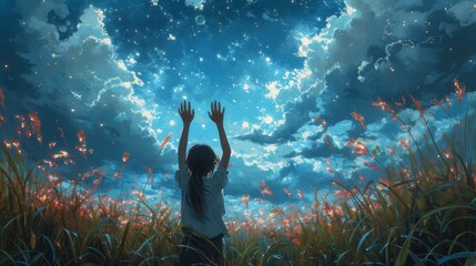A child reaches towards a star-filled sky, surrounded by the allure of twilight flora. This artwork embodies the innocence of dreaming under a cosmic canopy.