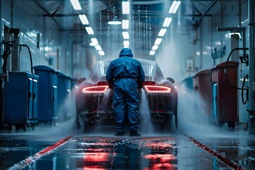 A car wash technician expertly cleans a vehicle in hightech car wash. Concept Car Wash Technician, Expert Skills, High-Tech Equipment, Vehicle Cleaning, Professional Services - obrazy, fototapety, plakaty