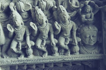 Fototapeta premium Ancient stone carvings at UNESCO World Heritage site, Khajuraho temples, Madhya Pradesh, India.