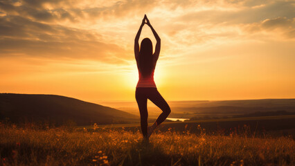 Sunset Yoga: Woman's Silhouette Engaged in Serenity