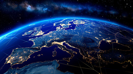 Global Network Over Europe, Space View at Night Illumination