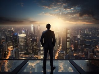 Fototapeta na wymiar Successful businessman enjoying city view from above in modern urban landscape
