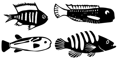 A selection of silhouettes of fish. Black silhouettes of fish.