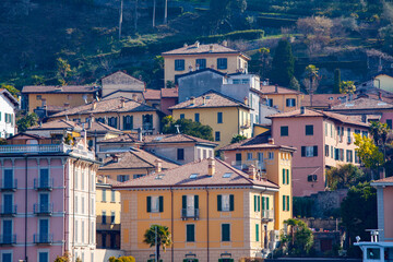 Fototapeta na wymiar View of many color buildings in , Como lake, Italy.