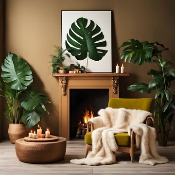 modern living room with sofa: earth colors theme with Mons tera indoor plant decorations. 
