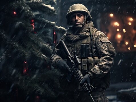 Modern soldier sitting in trench with christmas tree decoration
