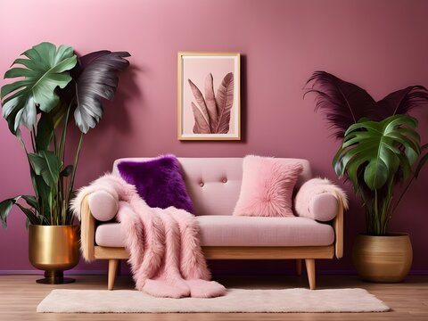 modern living room with pink color sofa: pink and purple colors theme with Mons tera indoor plant decorations. cozy and comfortable living