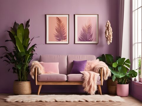 modern living room with pink color sofa: pink and purple colors theme with Mons tera indoor plant decorations. cozy and comfortable living
