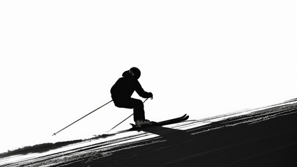 Beautiful shot of silhouette of man skiing in black and white colors