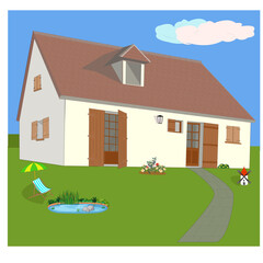 Maison de campagne sur fond de ciel bleu et pelouse, étang, parasol, relax en premier plan	