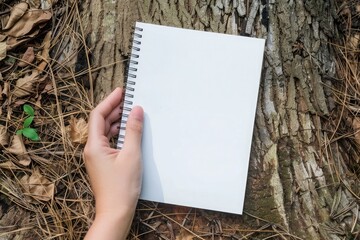 Close-up of hands holding an open, blank notebook against background