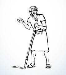 Vector drawing. A man with an old scythe