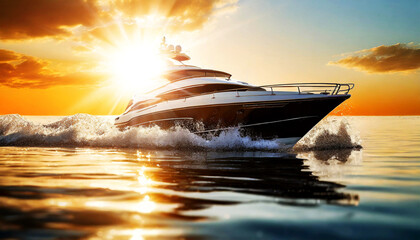 White and black luxury motor boat (yacht) moving on the sea at sunset or sunrise, backlit with...