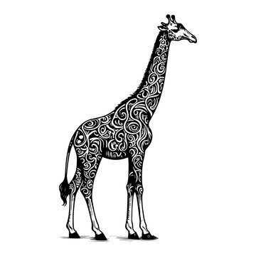 continuous single hand drawing black line art of giraffe standing outline doodle cartoon sketch style vector illustration on white background