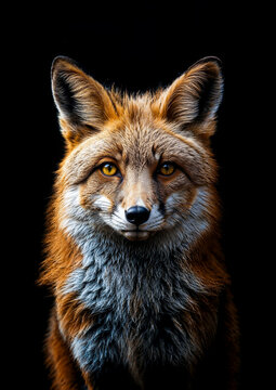portrait d'un renard roux vu de face sur fond noir