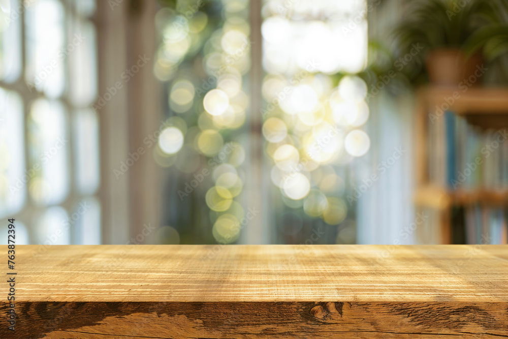 Aufkleber solid wooden table with bokeh light through window background. high quality photo