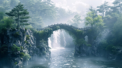 A tranquil landscape with a traditional arched bridge connecting two rocky cliffs over a serene river, surrounded by lush trees and a misty atmosphere with a waterfall in the background. - obrazy, fototapety, plakaty