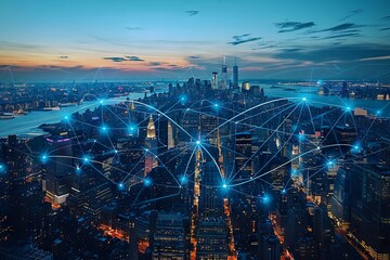 New York City with glowing blue and white connections between buildings representing network connectivity.