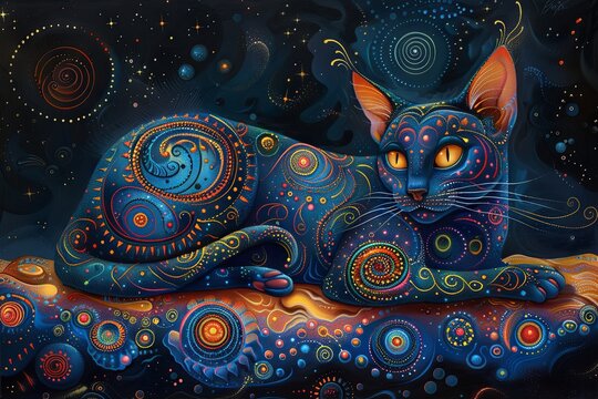 psychedelic cat trip mind character illustration.