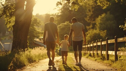 two dads walking with a child in the park - obrazy, fototapety, plakaty
