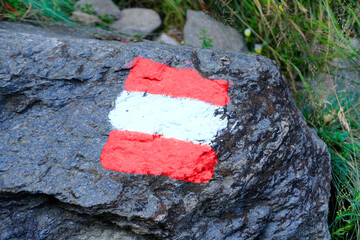 red, white marks on stone, waypoint on route, trail marker, Navigating rocky trails, Outdoor...