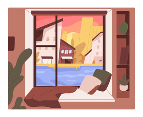 Window view on sunset over city street. Cosy home with windowsill, cushions and evening cityscape with sun set over urban river. Summer landscape from inside room. Colored flat vector illustration.