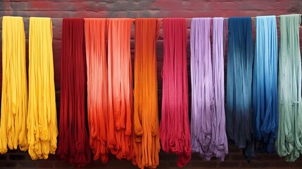 Vibrantly dyed fabric hung to dry on a regular clothesline, showcasing multiple colors and left to dry under the ordinary sun.
