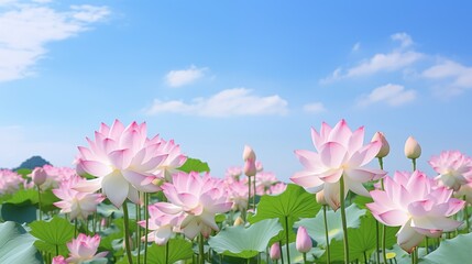 The background of multiple blooming pink lotus flowers in a water pond creates a remarkably beautiful and captivating picture.
