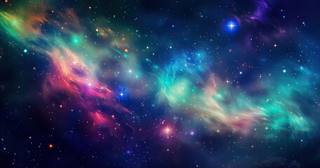 A vibrant cosmic background with stars and galaxies, showcasing the beauty of space exploration. The color scheme includes deep beautifull 