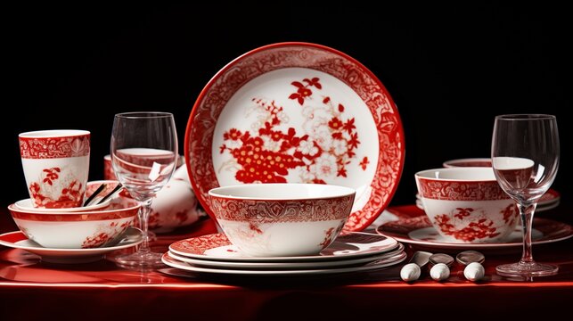 Gorgeous patterned dishware set, ready to be used for catering events, showcasing elegance and adding aesthetic appeal to festive gatherings.

