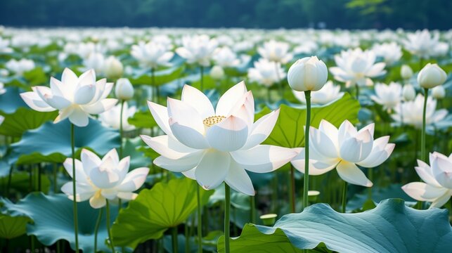 Gorgeous white lotus blossoms in a large pond, showcasing their beauty and serenity in the tranquil waters of the expansive pond.
