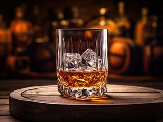 Glass of whiskey in front of a wooden barrel - alcoholic beverage concept in distillery setting - obrazy, fototapety, plakaty