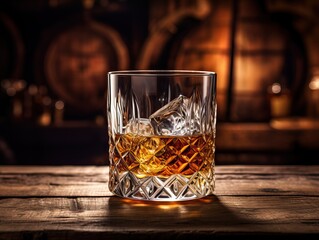 Glass of whiskey in front of a wooden barrel - alcoholic beverage concept in distillery setting