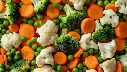 pile of sliced mixed vegetables: broccoli, carrots, peas and cauliflower
