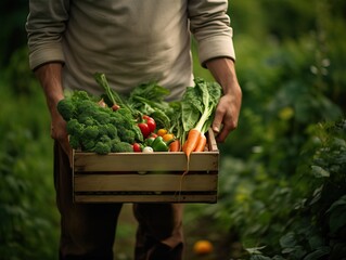 Fototapeta premium Unrecognizable man holding box of vegetables in modern garden