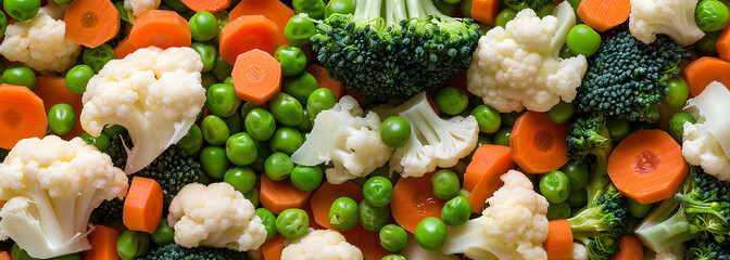 pile of sliced mixed vegetables: broccoli, carrots, peas and cauliflower - obrazy, fototapety, plakaty