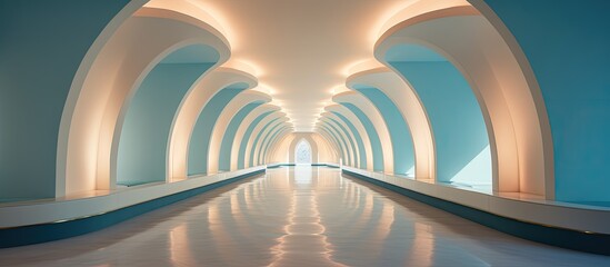 A long corridor with multiple arches leading towards a bright light at the far end