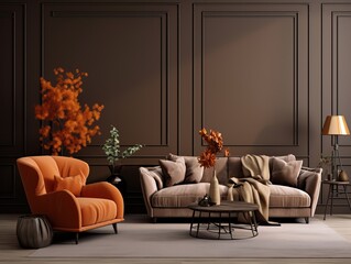 Luxurious modern living room with stylish sofa and brown accessories
