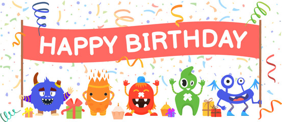 Obraz na płótnie Canvas Happy birthday banner on monster kid party. Funny characters