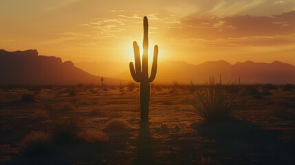 The silhouette of a saguaro cactus against the backdrop of a vivid desert sunset with mountains in the distance.