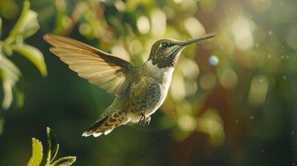 Hummingbird in flight, wings spread, against a sunlit backdrop with bokeh effect, showcasing delicate feathers and agile movement.
