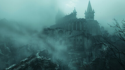 An eerie old castle shrouded in mist with bare trees in the foreground, giving off a mysterious and haunting atmosphere. - obrazy, fototapety, plakaty