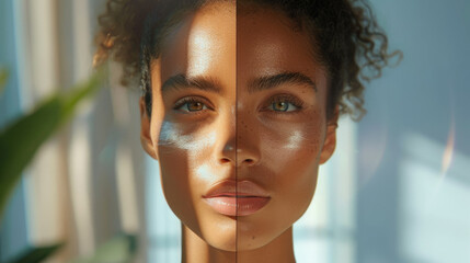 Before-After comparison. Close-up of a woman's face with a split effect representing two different skin tones, highlighted by natural sunlight casting shadows across her features. - obrazy, fototapety, plakaty