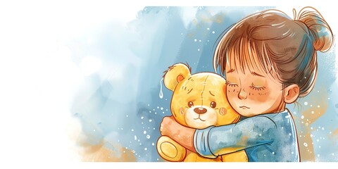 a little girl cheers up hugging her favorite teddy bear