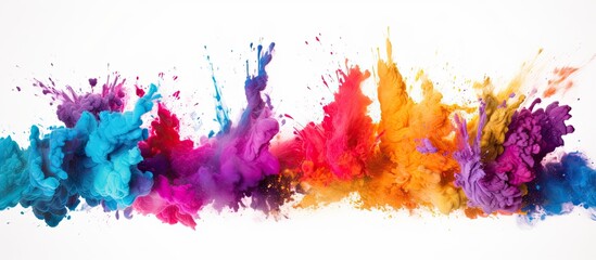 An artistic display of colorful powder explosions resembling petals on a white background, featuring shades of purple, magenta, and violet